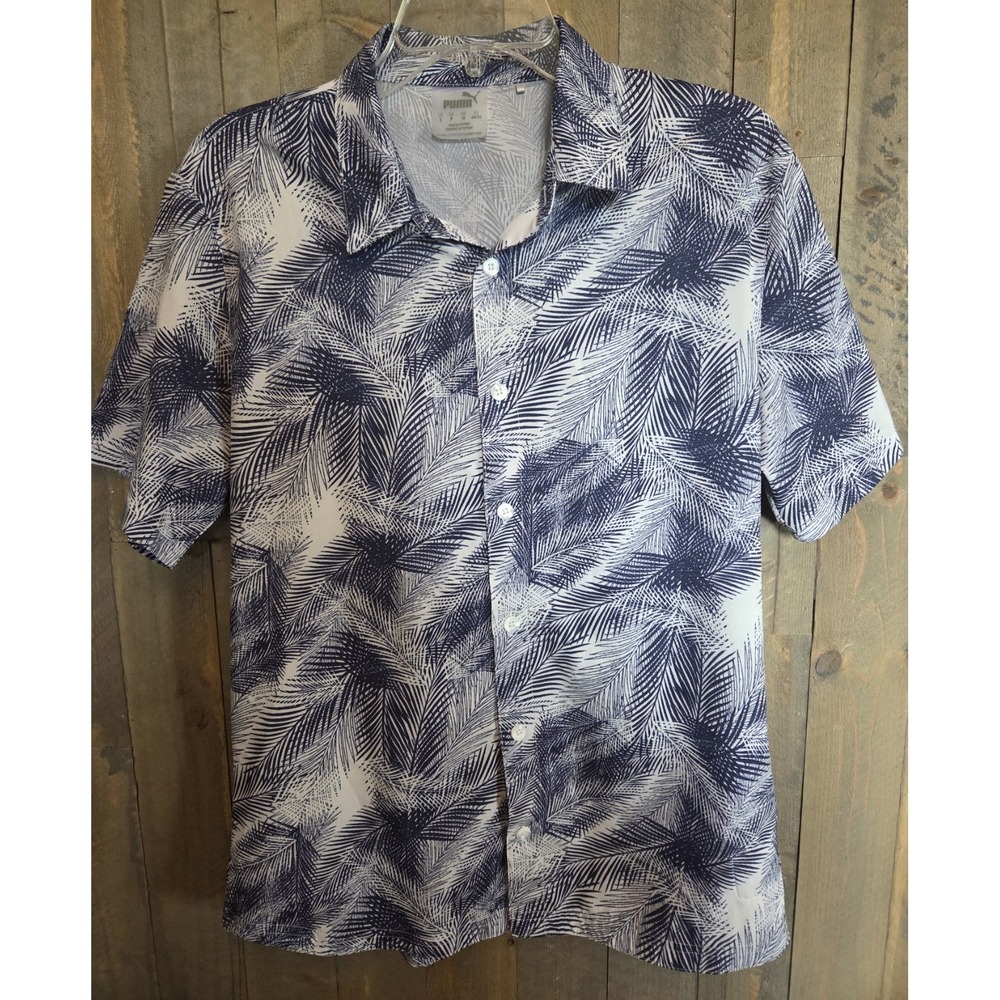 MENS SMALL PUMA GOLF PALMS Short Sleeve Button Down Shirt Blue Palm Leaf Print